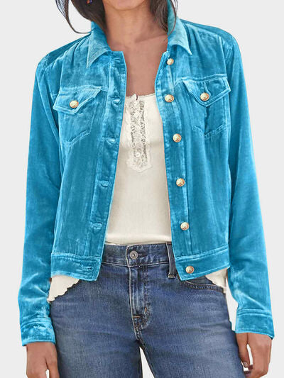 Trucker jacket turquoise velvet with chest pockets and gold buttons Stevvex on Tampa Home & Garden Store