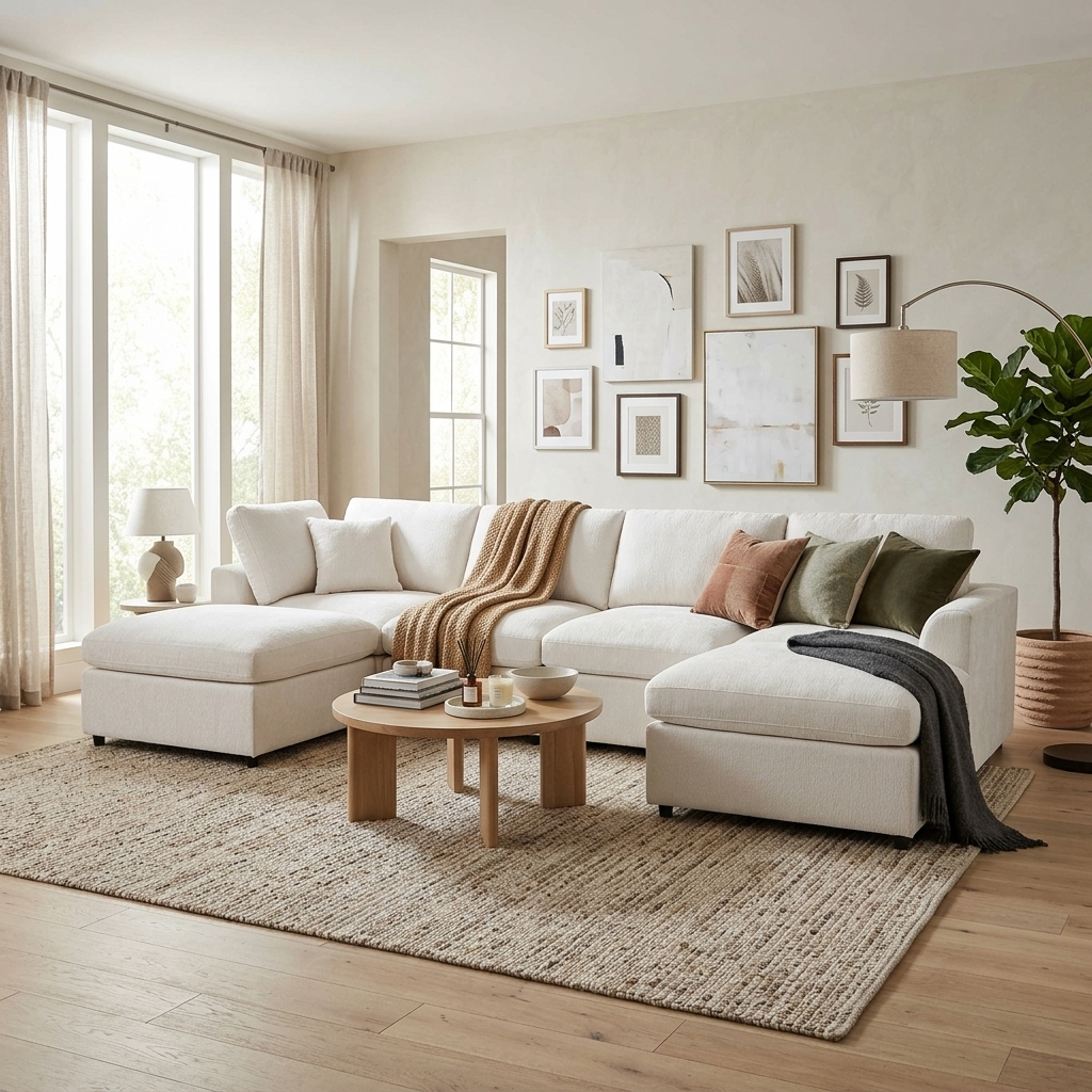 U-Style 130.3in 6-Seater Modular Sectional Sofa ivory fabric with left chaise, HouseOfZazla on Tampa Home & Garden Store