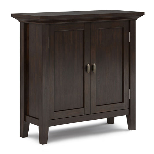 Redmond low storage cabinet Brunette Brown, dark wood with double doors and bronze handles on Tampa Home & Garden Store
