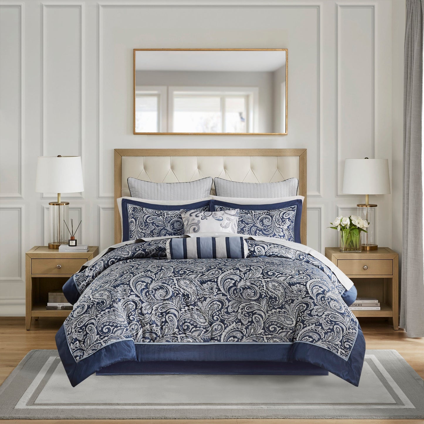 Navy 12 Piece Cotton Comforter Set and Queen Bed