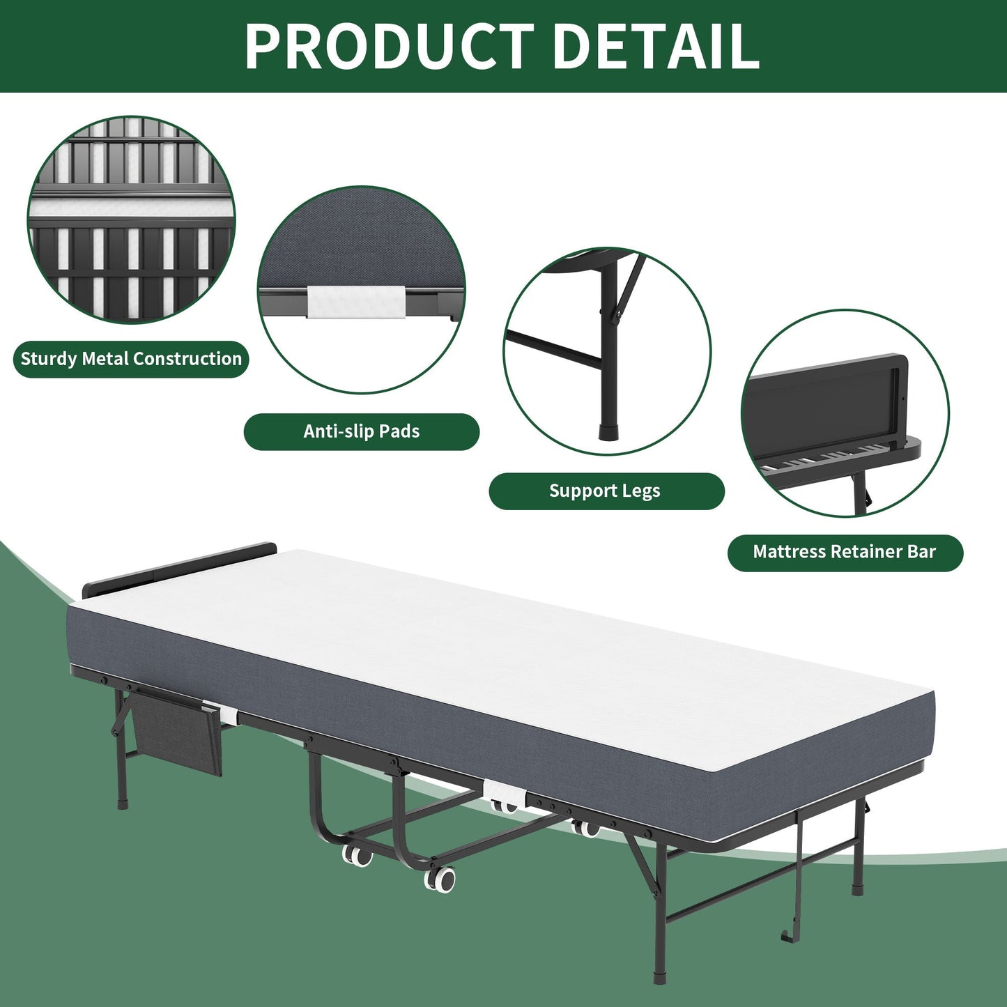 Adjustable Head and Memory Foam Folding Guest Bed