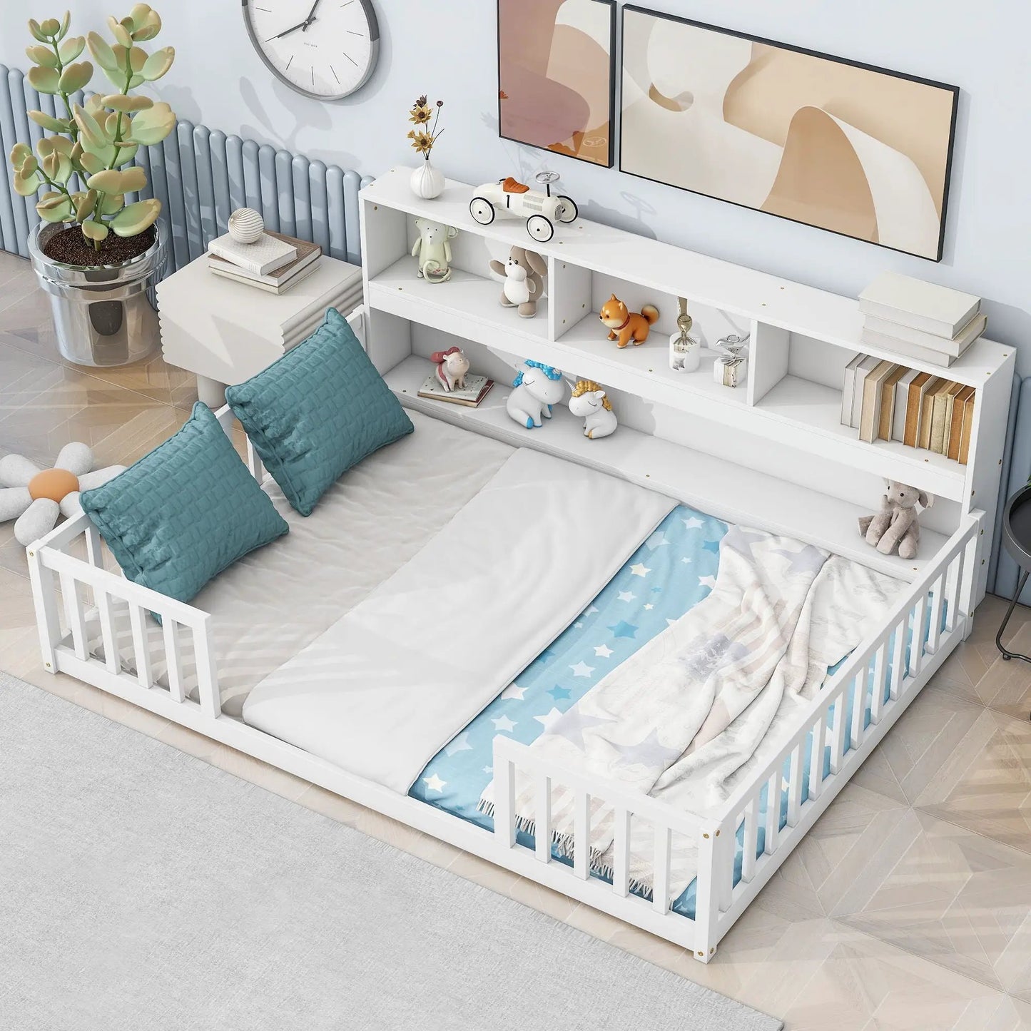 Floor Bed With Side Bookcase and Guard Rails
