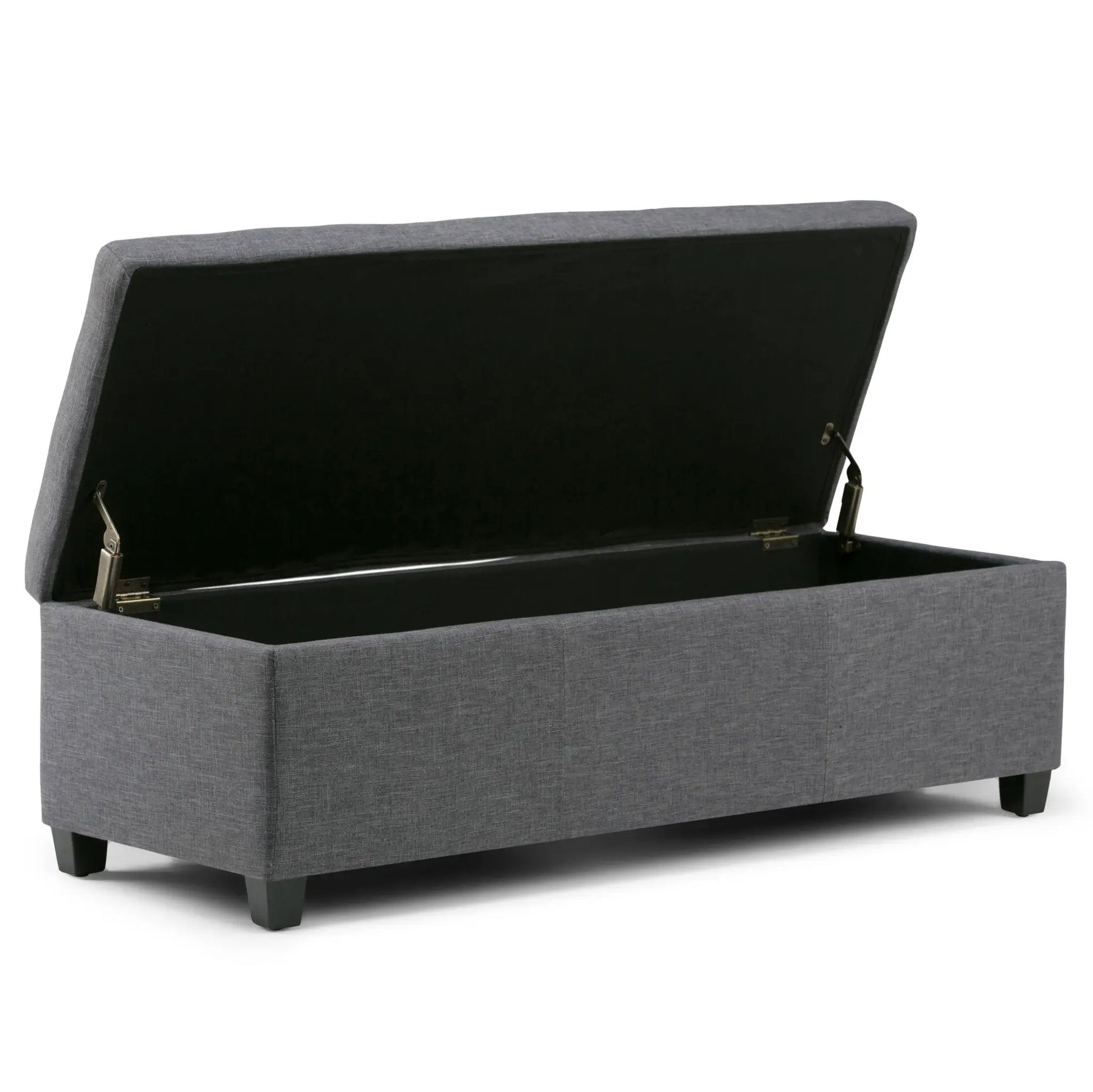 Avalon gray fabric storage ottoman bench with hinged lid and black interior on Tampa Home & Garden Store