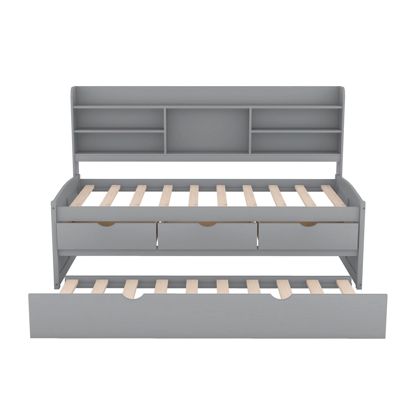 Captain bed with built-in bookshelves and 3-drawer storage, gray finish on Tampa Home & Garden Store