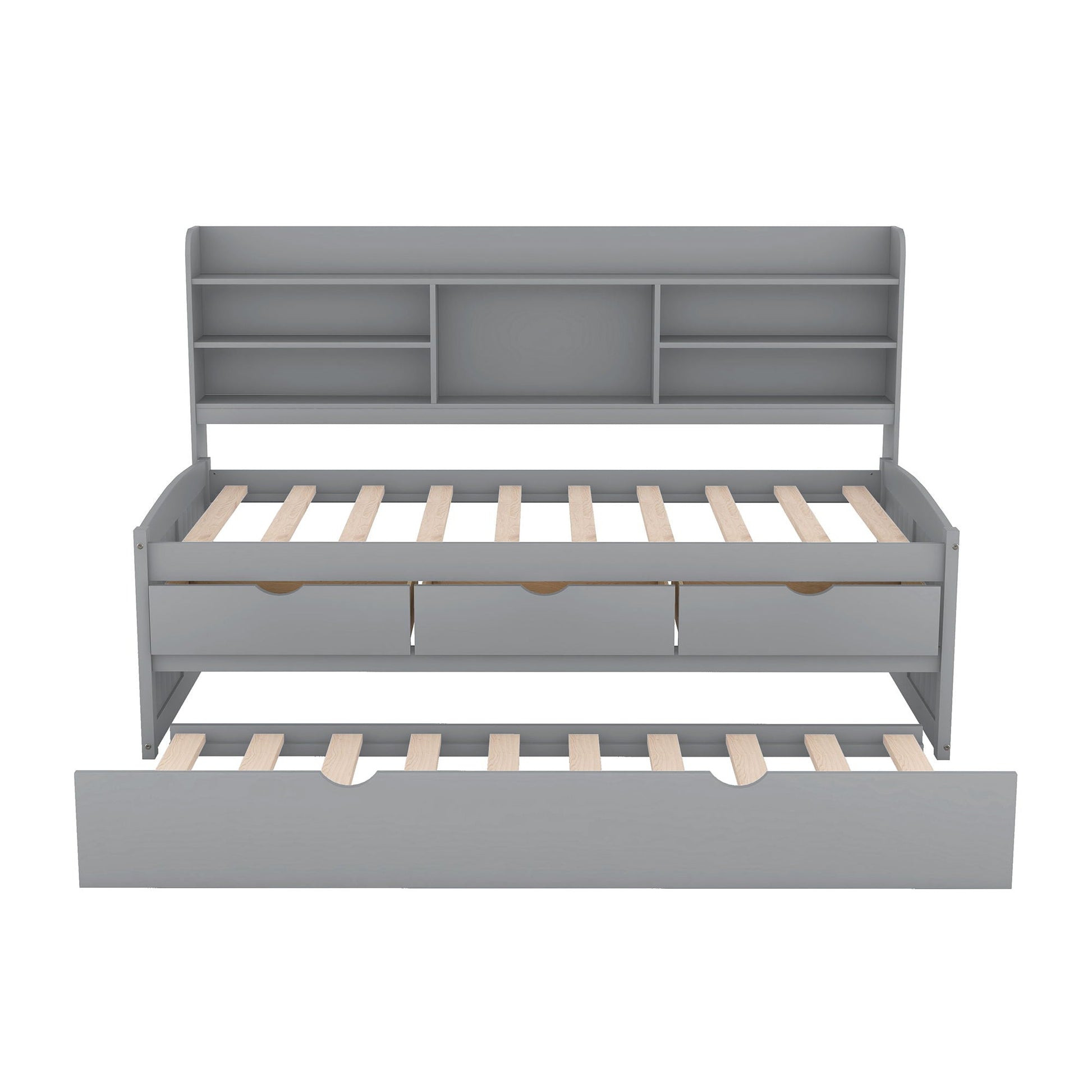 Captain bed with built-in bookshelves and 3-drawer storage, gray finish on Tampa Home & Garden Store
