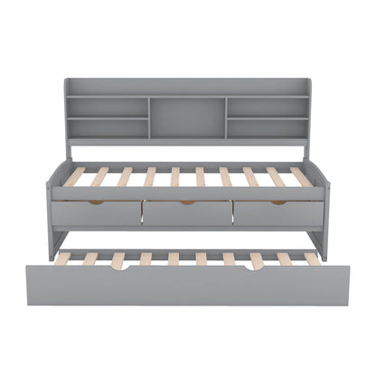 Captain bed with built-in bookshelves and 3-drawer storage, gray finish on Tampa Home & Garden Store