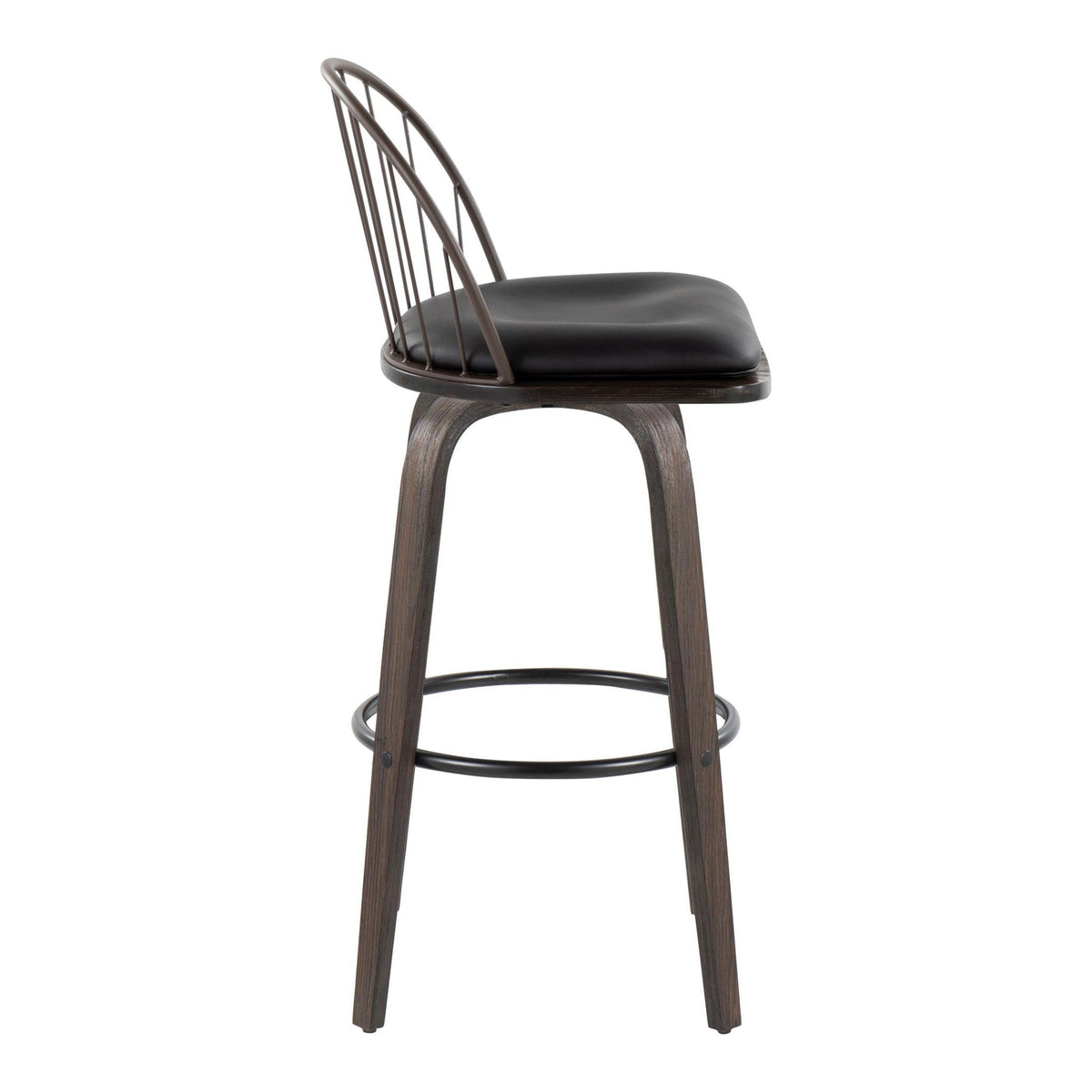 Industrial fixed-height barstool set with black cushion and dark wood legs on Tampa Home & Garden Store