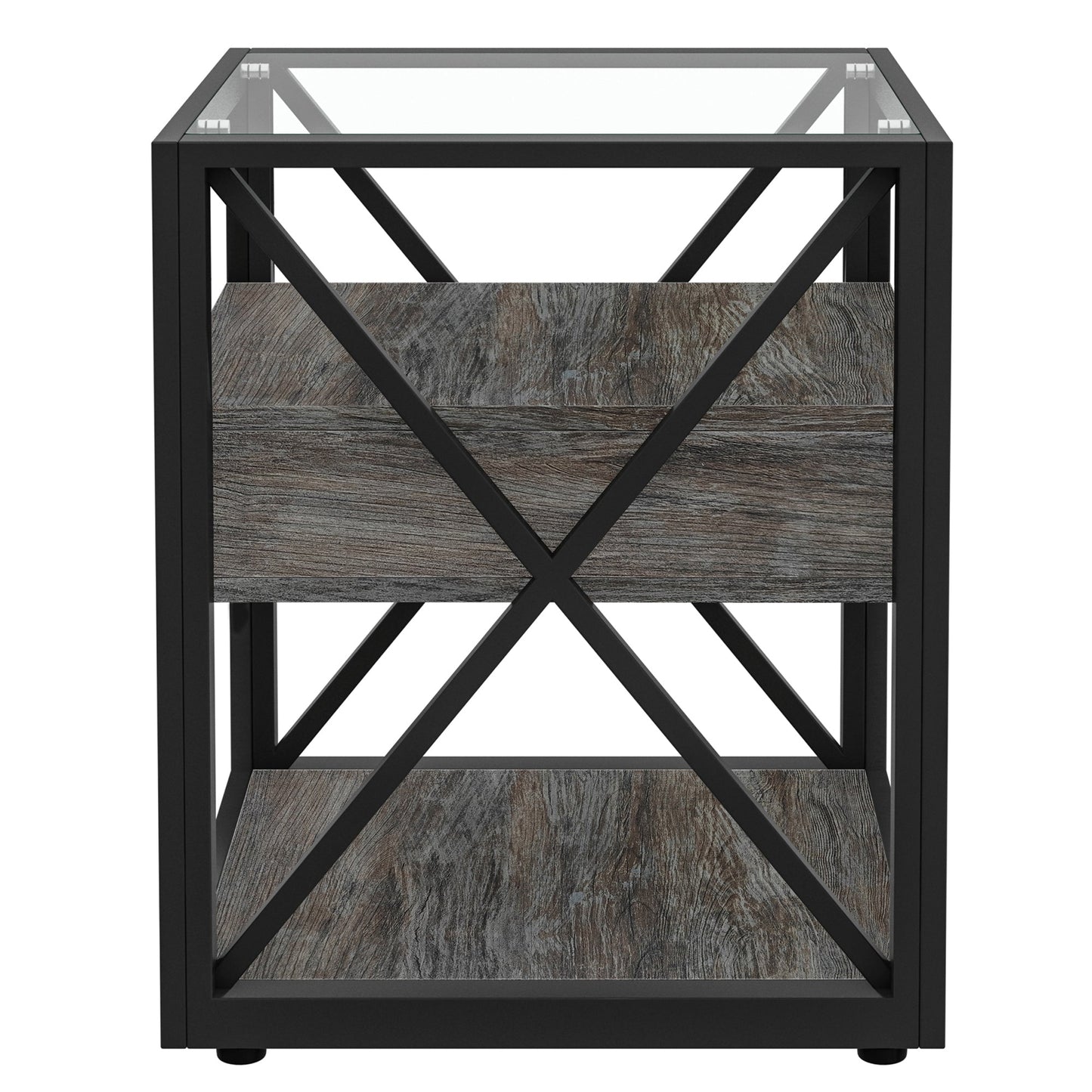 Nightstands set of 2 modern end tables with glass top, black metal frame, wood-textured drawers on Tampa Home & Garden Store