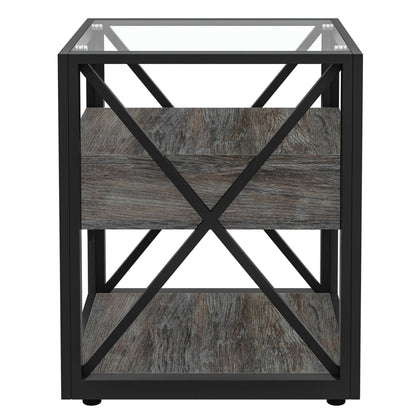 Nightstands set of 2 modern end tables with glass top, black metal frame, wood-textured drawers on Tampa Home & Garden Store