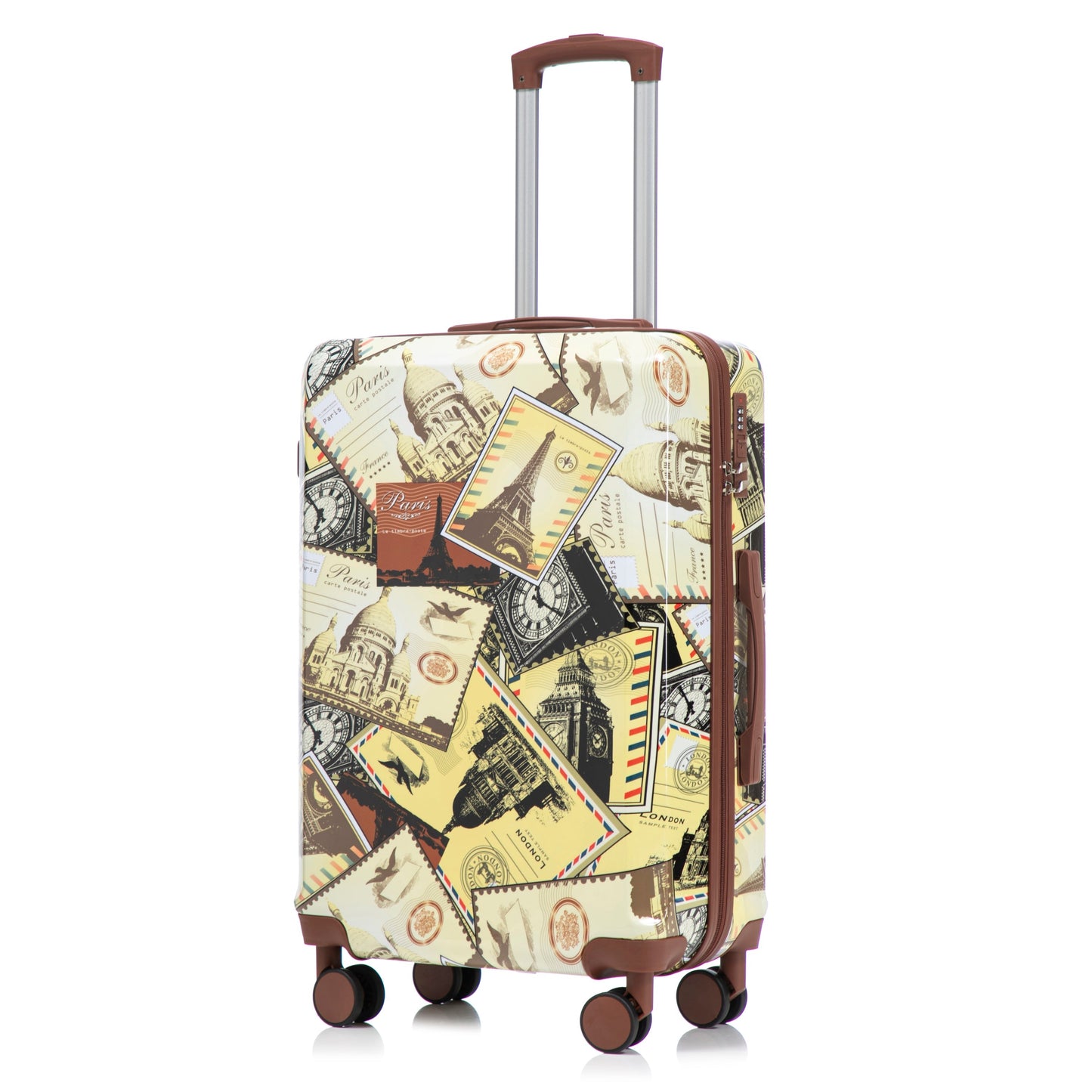 3-Piece Spinner Luggage Set with Printed Pattern by HouseOfZazla postcard print brown trim on Tampa Home & Garden Store