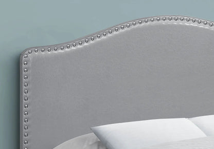 Full-size upholstered gray headboard with silver nailhead trim, bed headboard only on Tampa Home & Garden Store