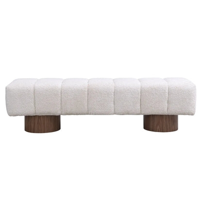 Upholstered dining bench cream boucle fabric square-tufted top with dark wood legs on Tampa Home & Garden Store