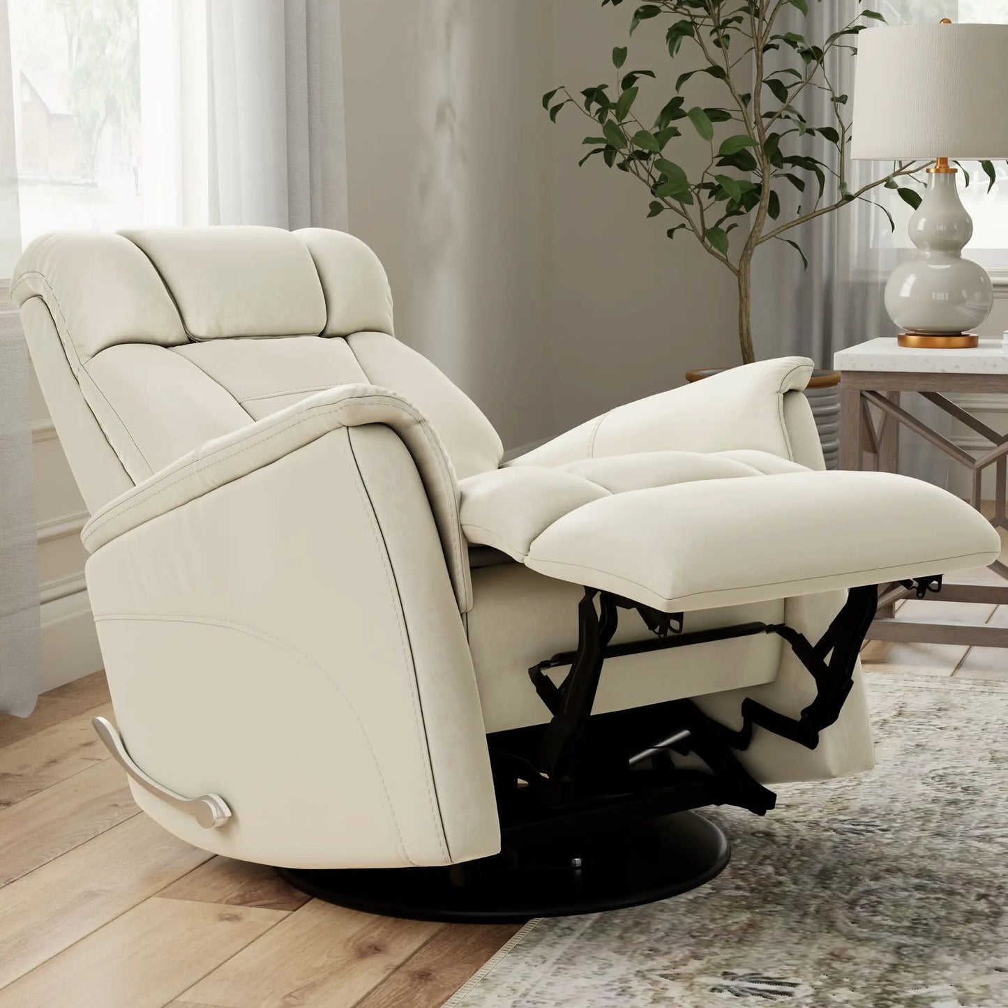 Bentley swivel glider recliner in cream leather with manual headrest and footrest on Tampa Home & Garden Store