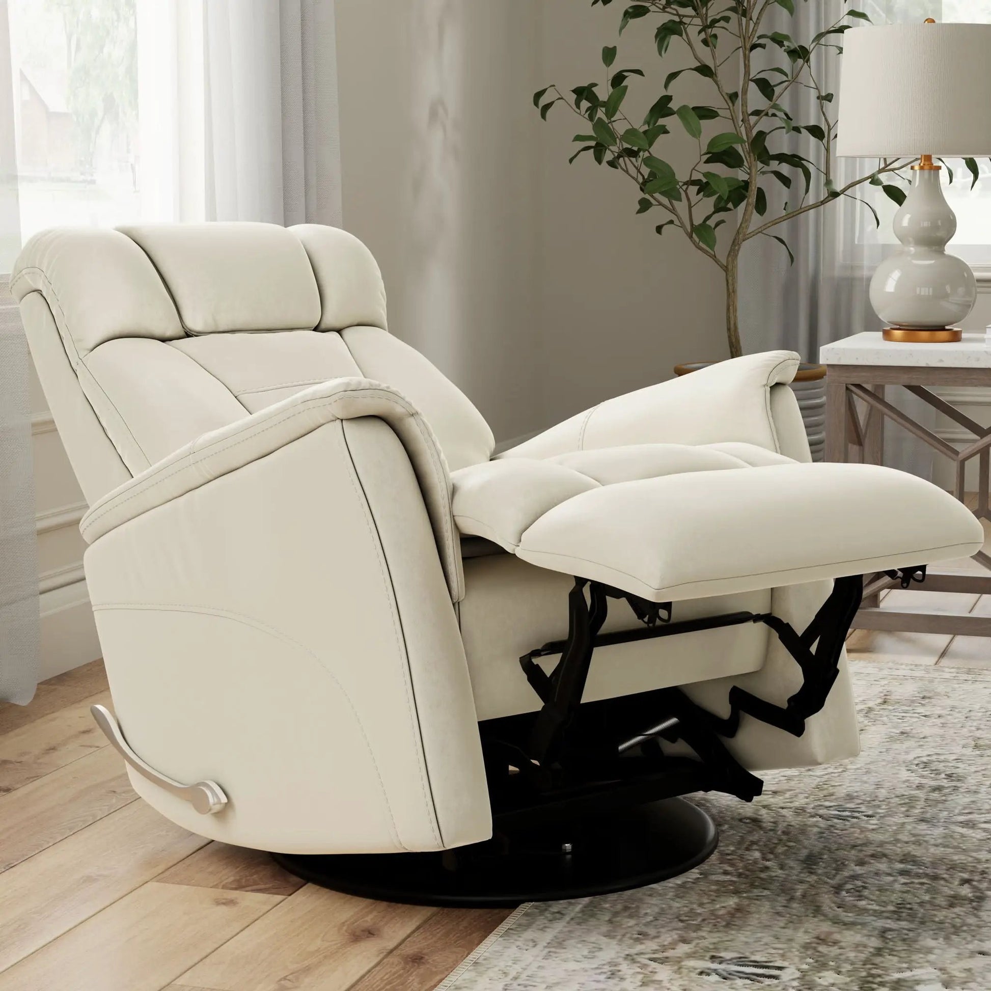 Bentley swivel glider recliner in cream leather with manual headrest and footrest on Tampa Home & Garden Store