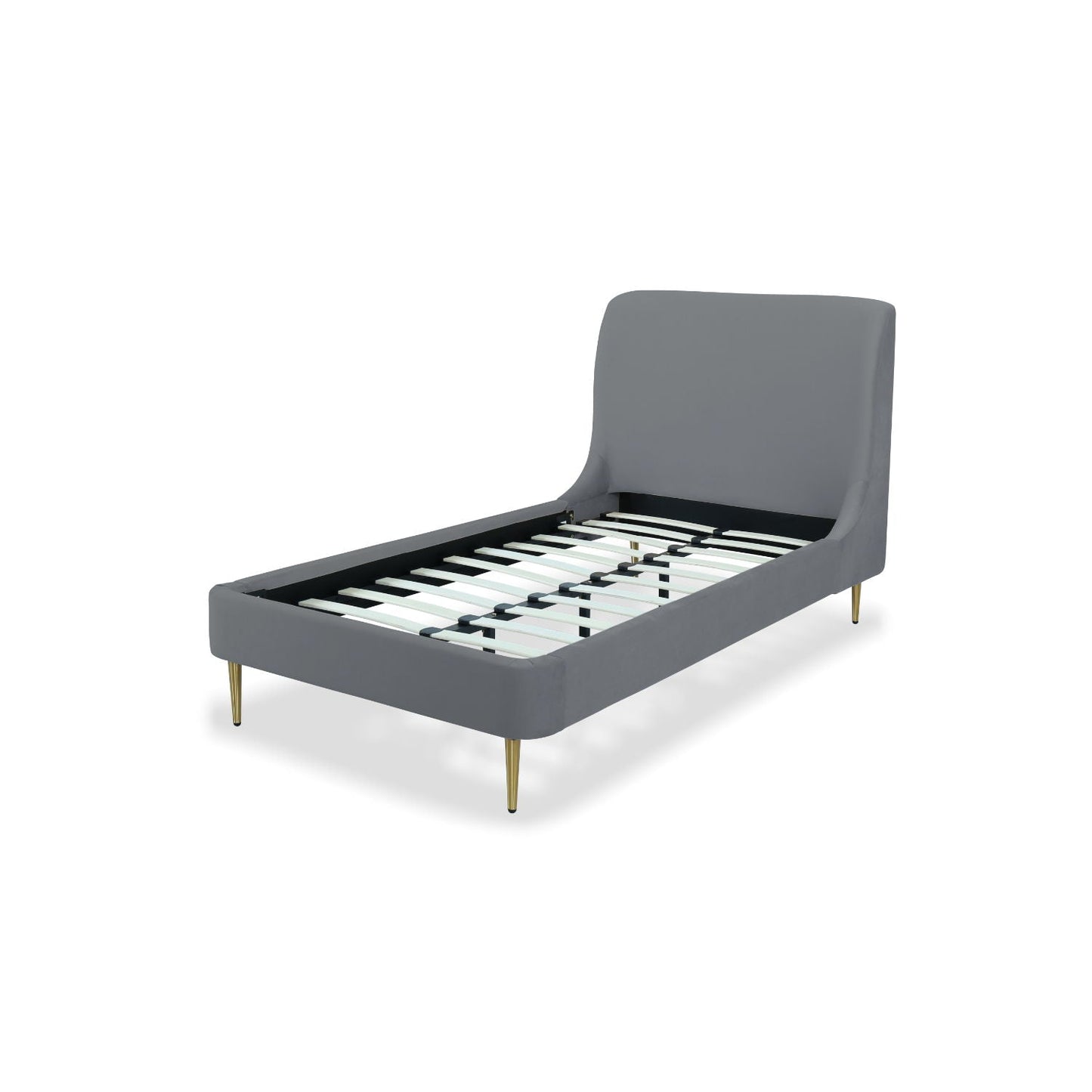 Mid-Century Modern Upholstered Bed with Curved Headboard gray fabric, gold tapered legs on Tampa Home & Garden Store