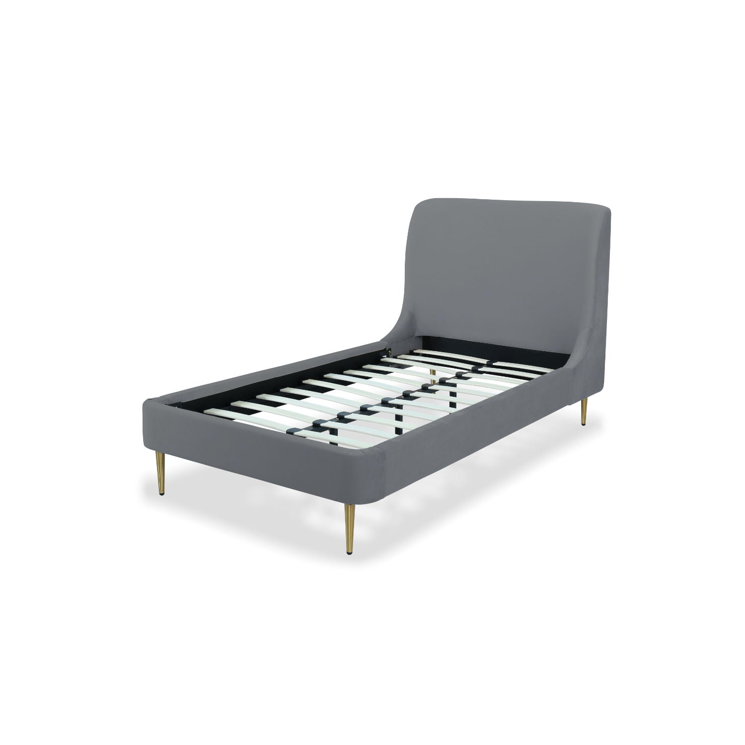 Mid-Century Modern Upholstered Bed with Curved Headboard gray fabric, gold tapered legs on Tampa Home & Garden Store