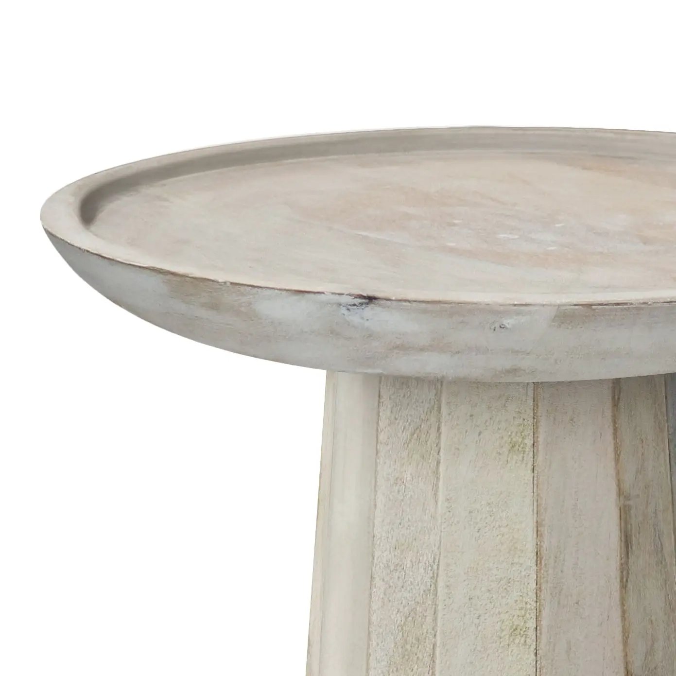 Round top accent table with distressed whitewash finish; Dayton handcrafted wooden accent table on Tampa Home & Garden Store