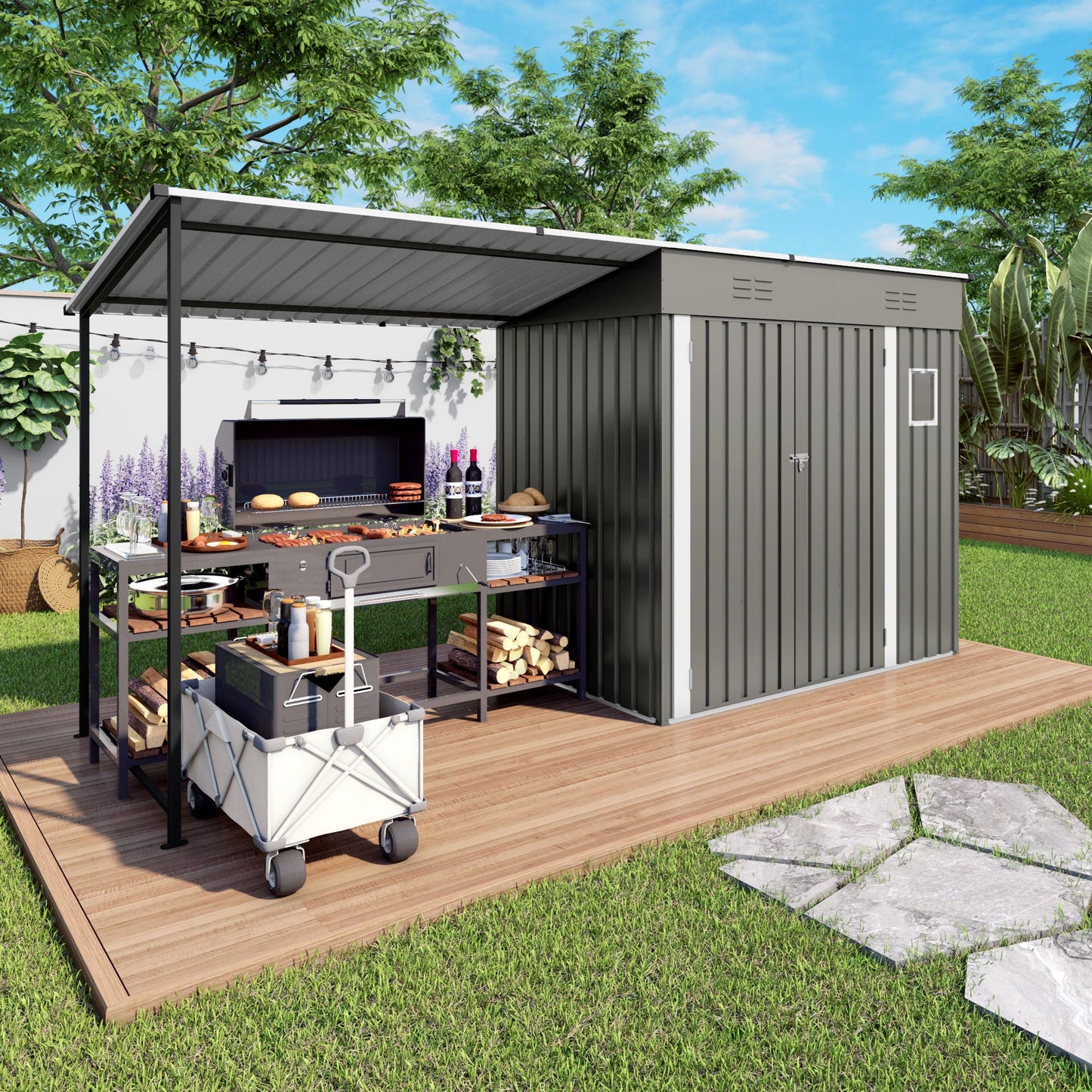 Heavy Gray Storage Shed and the Pergola Combo