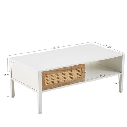 Modern Rattan Coffee Table with Sliding Door by HouseOfZazla; white frame with cane-woven drawer front on Tampa Home & Garden Store