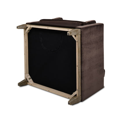 Modern farmhouse arm chair brown fabric upholstery with exposed natural wood frame on Tampa Home & Garden Store