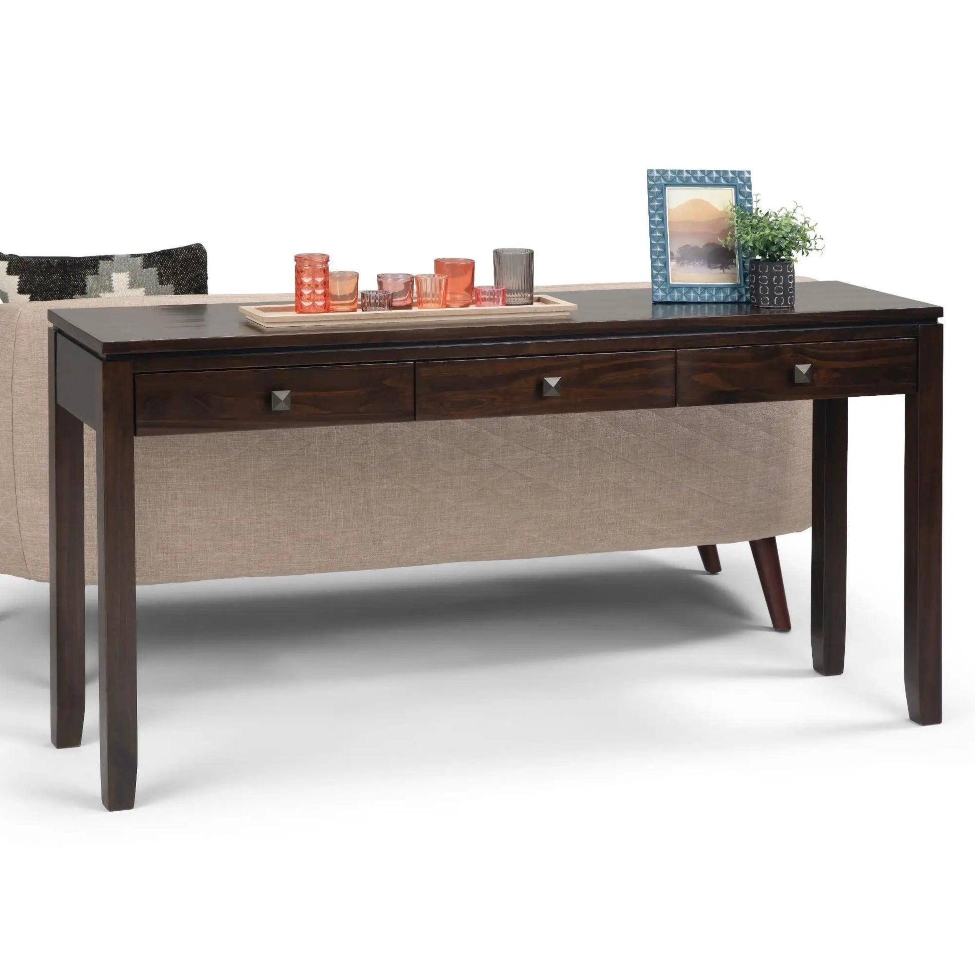 Cosmopolitan Wide Console Sofa Table Mahogany Brown dark wood with 2 drawers Unique Piece on Tampa Home & Garden Store