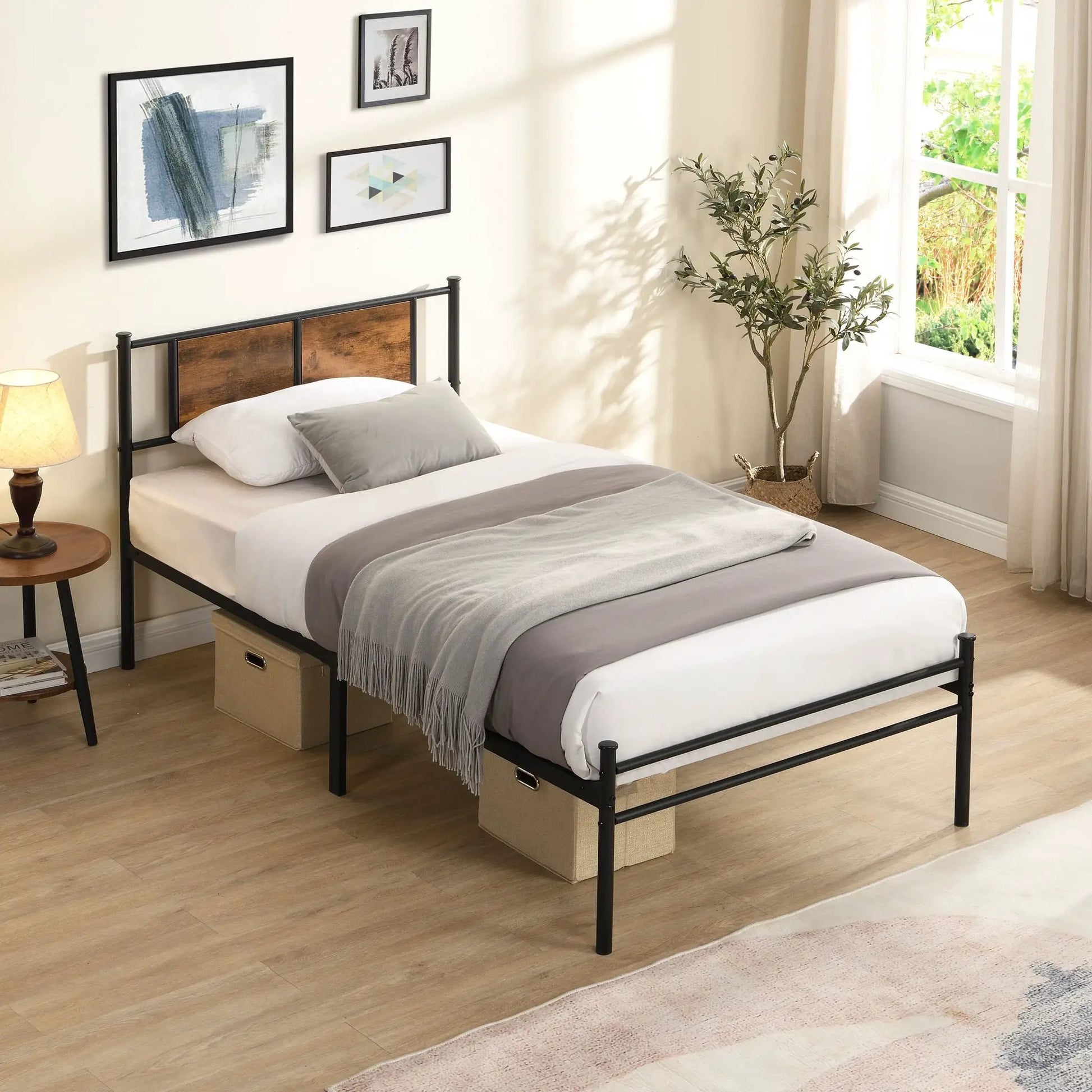 ModerMetal bedframe with wood panel headboard, black metal 2 beds by Unique Piece on Tampa Home & Garden Store