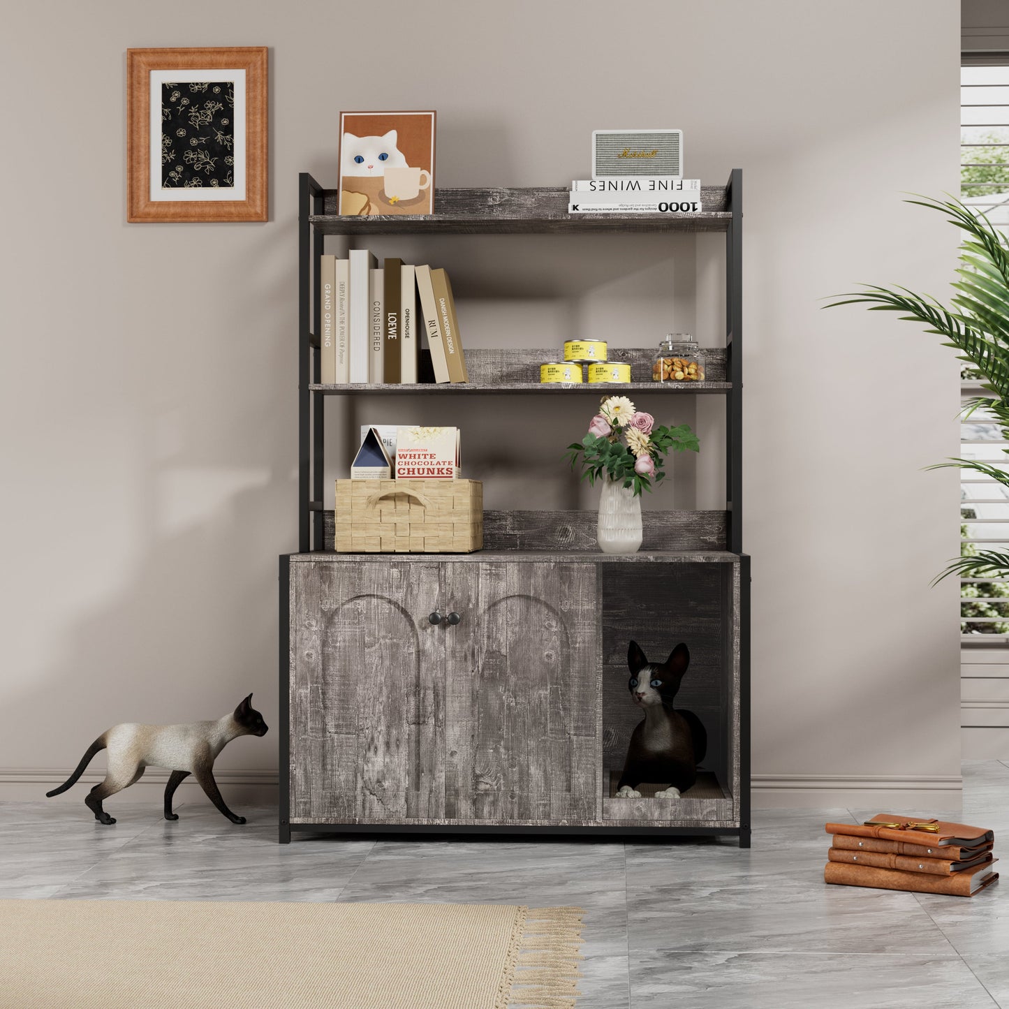 Large cat litter box enclosure cabinet by HouseOfZazla in wood finish; two cats on Tampa Home & Garden Store