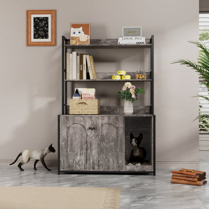 Large cat litter box enclosure cabinet by HouseOfZazla in wood finish; two cats on Tampa Home & Garden Store
