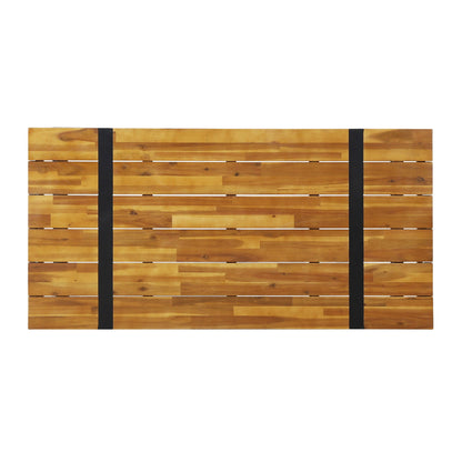 Zora dining table slatted acacia wood top with industrial and black iron frame on Tampa Home & Garden Store