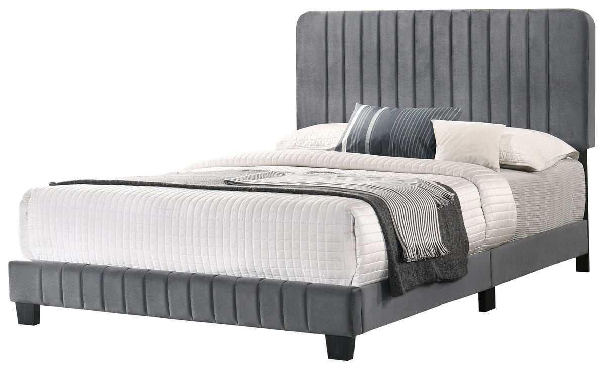Channel tufted gray bed with headboard and matching frame, white quilted bedding HouseOfZazla on Tampa Home & Garden Store