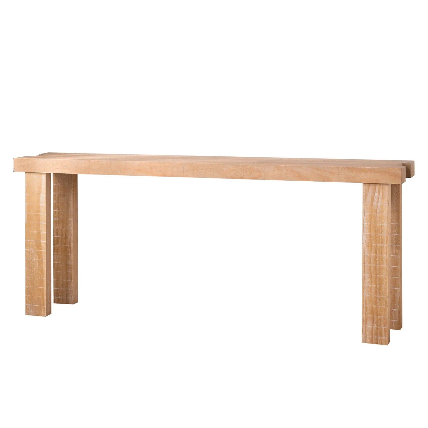 Console table long, narrow design in light wood with chunky rectangular legs on Tampa Home and Garden Store
