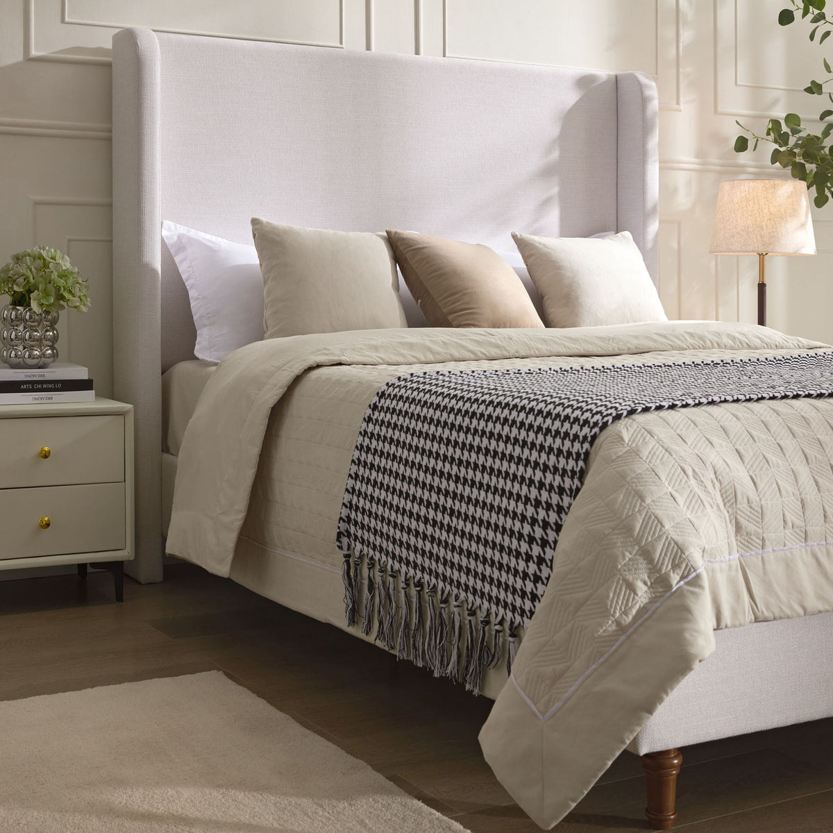 Harper tall headboard upholstered bed by HouseOfZazla in beige fabric with bedding on Tampa Home & Garden Store