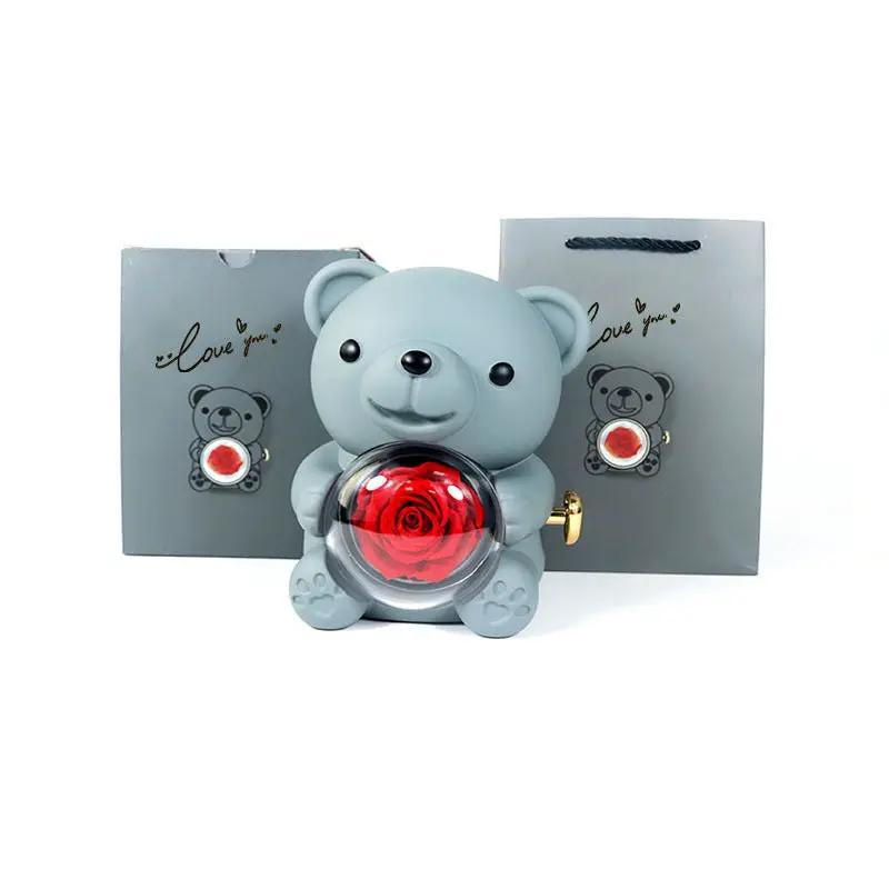 Gray teddy bear with rotating glass rose jewelry box, red rose necklace FLIPSTYLEZLLC on Tampa Home & Garden Store