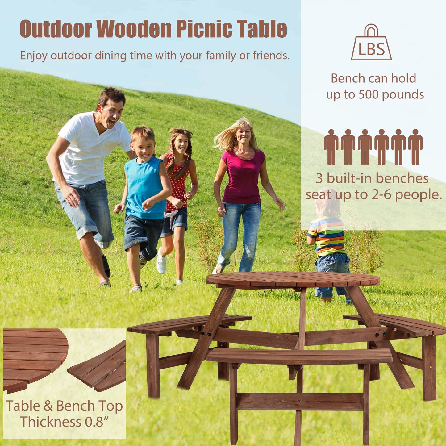 Six Person Outdoor Wooden Picnic Table for Patio