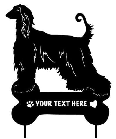 Afghan Hound garden stake black silhouette on bone base with text area Rustica Ornamentals on Tampa Home & Garden Store