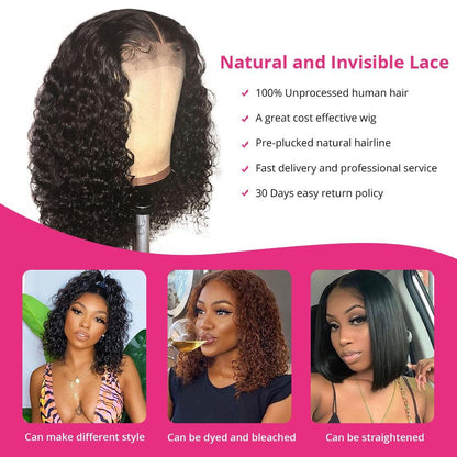 Wig Stevvex Afro Kinky Curly Human Hair Wig with T-Part lace short curly bob for Black women on Tampa Home & Garden Store