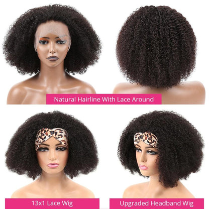 Stevvex Afro Kinky Curly Human Hair Wig, 13x1 lace, black short curly bob, four-view on Tampa Home & Garden Store
