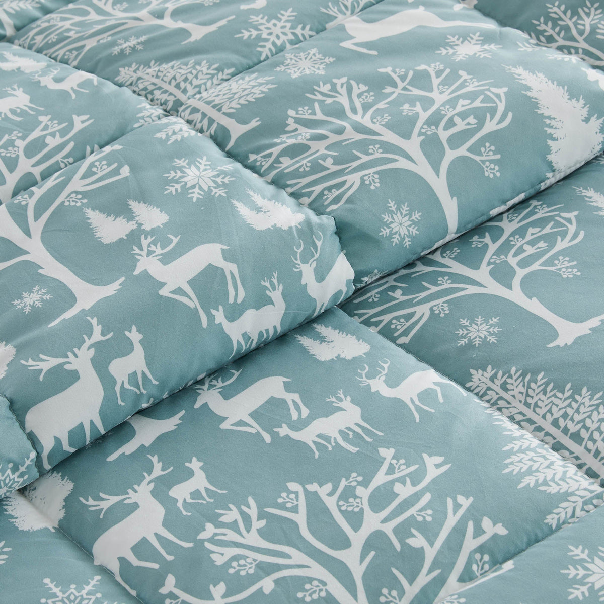 Reversible Christmas Comforter Set teal with white woodland motifs by Great Bay Home on Tampa Home & Garden Store