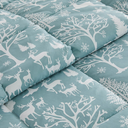Reversible Christmas Comforter Set teal with white woodland motifs by Great Bay Home on Tampa Home & Garden Store