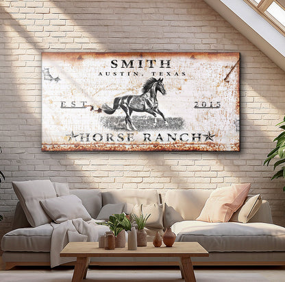 Rustic Horse Ranch Sign canvas wall art with distressed white and rust tones and running horse on Tampa Home & Garden Store