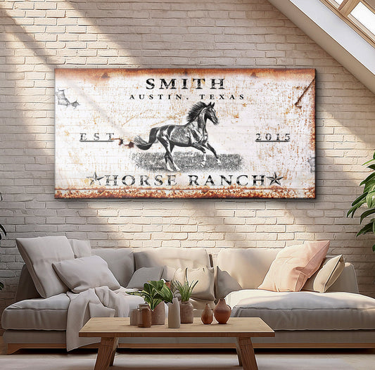 Rustic Horse Ranch Sign canvas wall art with distressed white and rust tones and running horse on Tampa Home & Garden Store