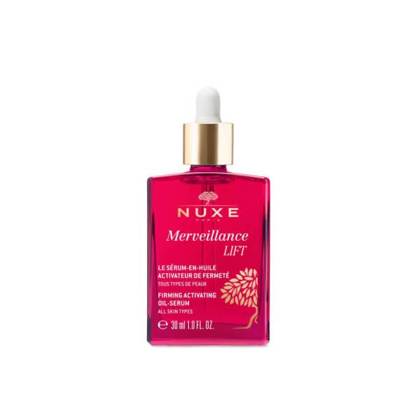 NUXE Merveillance Lift Firming Face Serum in a pink glass bottle with dropper and gold cap, 30 ml on Tampa Home & Garden Store