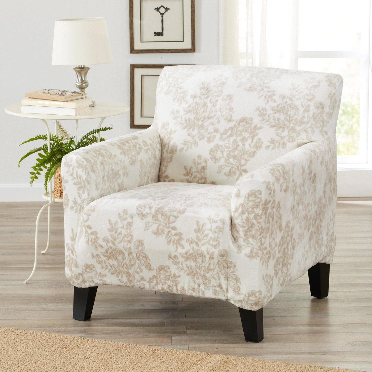 Velvet Stretch Slipcover Gale Collection by Great Bay Home on beige floral armchair on Tampa Home & Garden Store