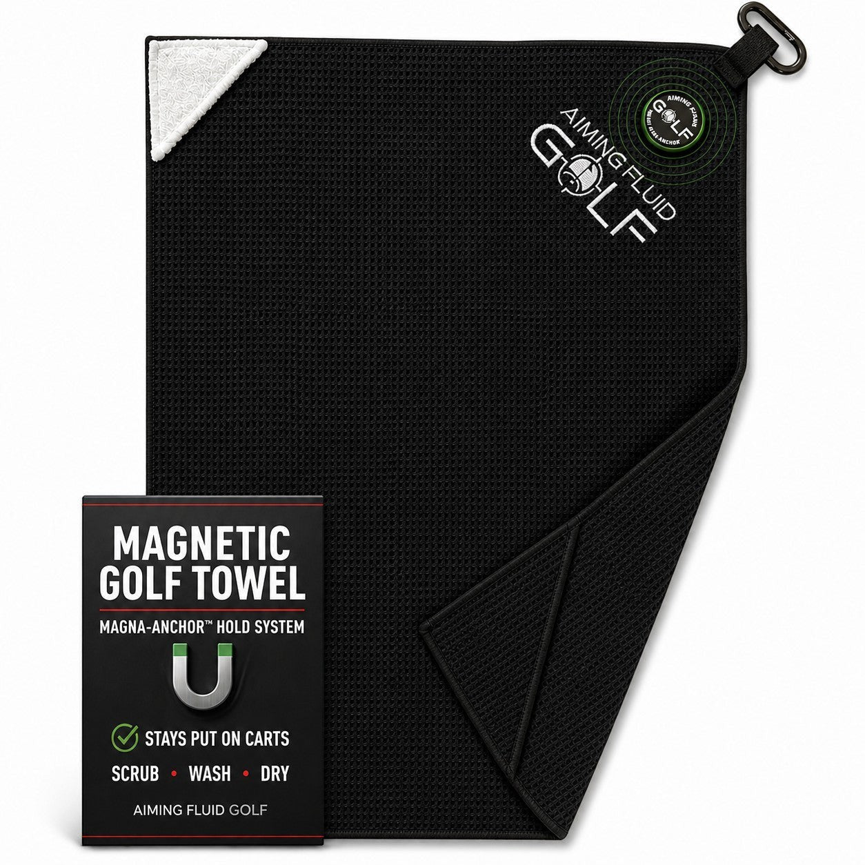 Magna-Anchor Golf Towel Stubby 16×24, black mesh with white corner patch and carabiner on Tampa Home & Garden Store