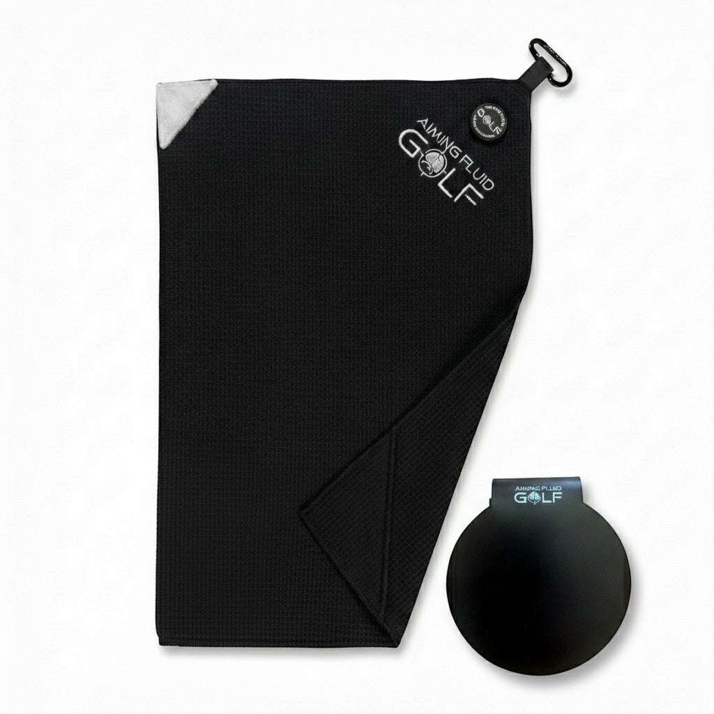 Stubby Magnetic Golf Towel System Aiming Fluid Golf, black towel with landing pad and clip on Tampa Home & Garden Store