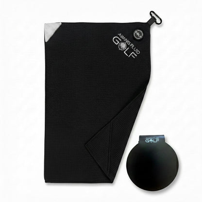 Stubby Magnetic Golf Towel System Aiming Fluid Golf, black towel with landing pad and clip on Tampa Home & Garden Store