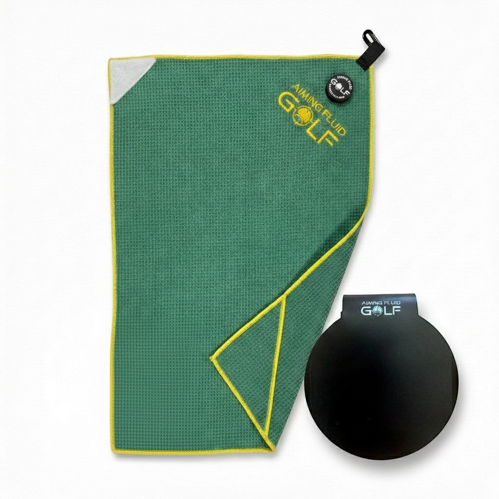 Stubby Magnetic Golf Towel System green towel with black landing pad by Aiming Fluid Golf on Tampa Home & Garden Store