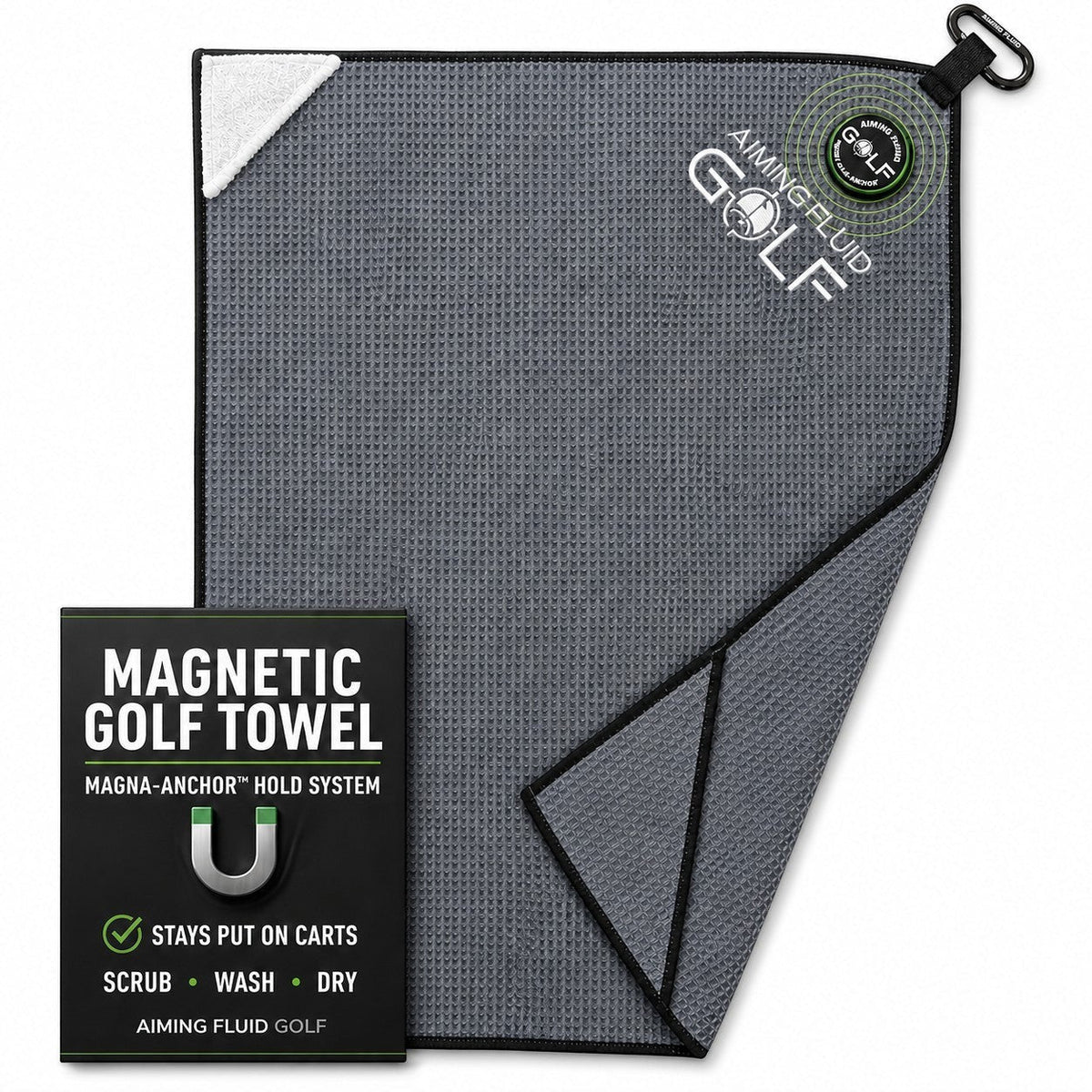 Magnetic Golf Towel Stubby 16x24 gray with Magna-Anchor hold system by Aiming Fluid Golf on Tampa Home & Garden Store