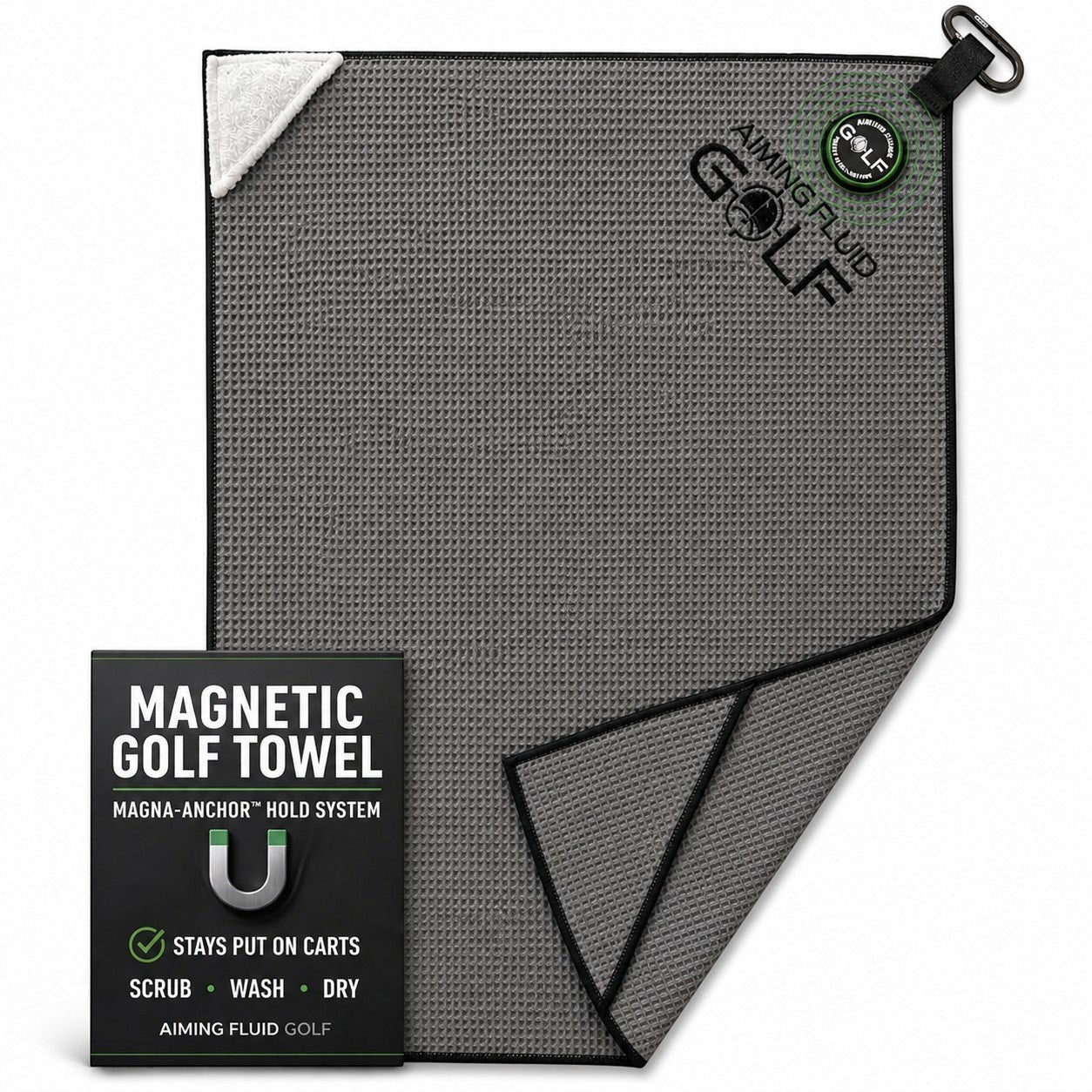 Magnetic Golf Towel Magna-Anchor Stubby 16×24 by Aiming Fluid Golf; gray microfiber with carabiner on Tampa Home & Garden Store