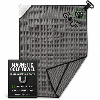 Magnetic Golf Towel Magna-Anchor Stubby 16×24 by Aiming Fluid Golf; gray microfiber with carabiner on Tampa Home & Garden Store